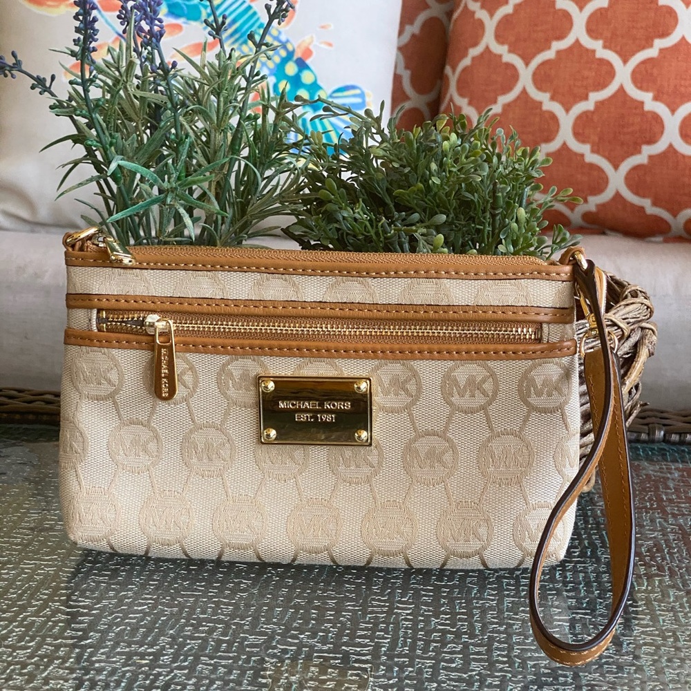 Michael Kors Tan & Brown Canvas Wristlet